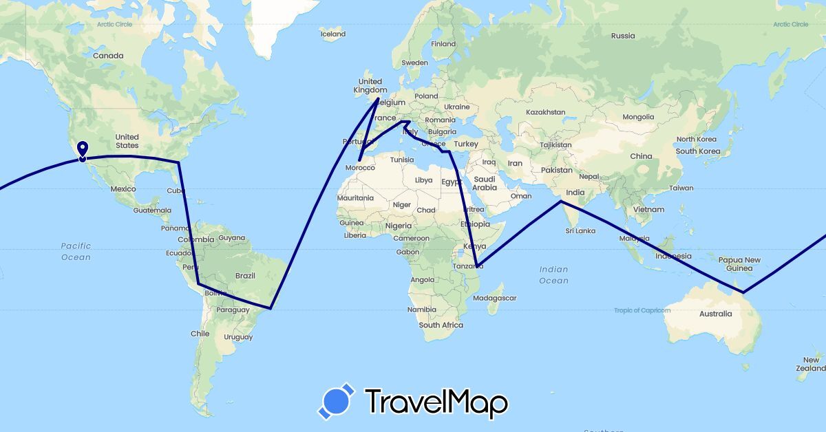 TravelMap itinerary: driving in Australia, Brazil, Egypt, Spain, United Kingdom, Greece, India, Italy, Morocco, Peru, Tanzania, United States (Africa, Asia, Europe, North America, Oceania, South America)